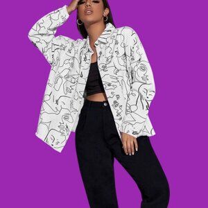 Faces Abstract Black Ink Drawings on White Blazer Sz XL #03